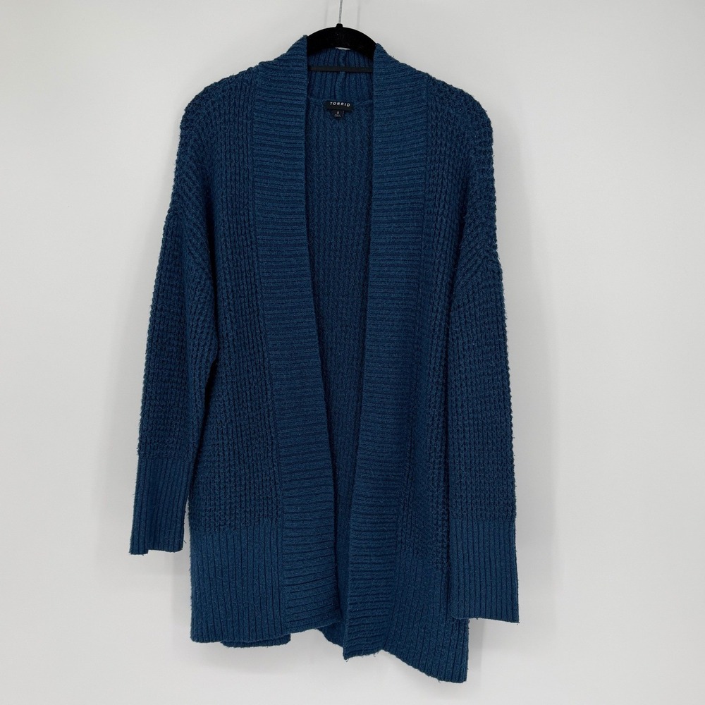 Torrid Womens Size 0 Teal Blue Waffle Knit Open Front Cardigan Sweater Relaxed